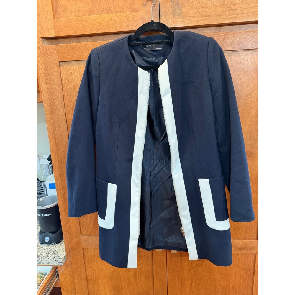 Zara Basic Womens Navy Blue White Contrast Trim Zip Up Longline Jacket Blazer L
